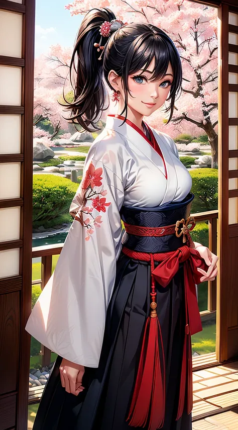 from back, abs:1.1,(((bulking)),(body muscular:1.4),((masterpiece,ultra-detailed, intricate details, best quality,illustration)),1girl, solo, highres, looking at viewer, blue eyes, black hair, long hair, side ponytail, smiling, wearing traditional Japanese...