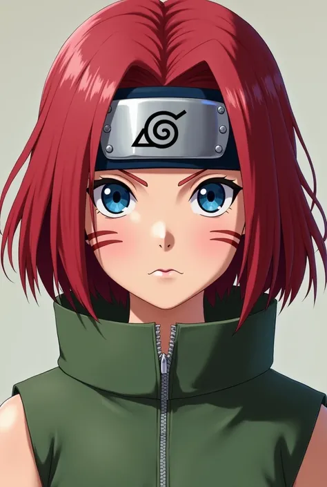 Short red hair girl with Konoha headband,blue eyes,have the nine tails fox mustaches 