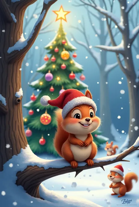 a squirrel wearing a Christmas hat in a snowy forest next to a big cute and bright Christmas tree with more forest animals wearing Christmas hats 