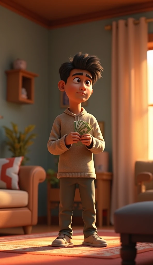 a pakistani 25 years age man, holding some money, standing in home, thinking mood, home rooms in behind, 3d Disney Pixar Style image.