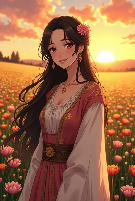 woman 25 years old, smiling, Noble clothing ,  long black hair,  brown eyes , Anime medieval, sunset, flowery field,2D