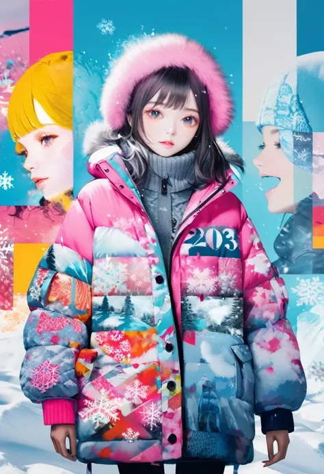 (masterpiece, best quality),(multiple exposure:1.2),
print collage depicting,teen girl,she is surrounded by snow and snowflake symbols,wearing 2023 latest winter outfit,splash color, collage art, contemporary artistic collage,