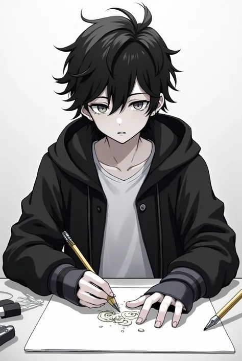 a teenage boy in anime he is literally white, he has black hair a little curly, he wears a black jacket that has gloves that do not cover his fingers, and he wears a white shirt, he is drawing , the gloves are already from the jacket 