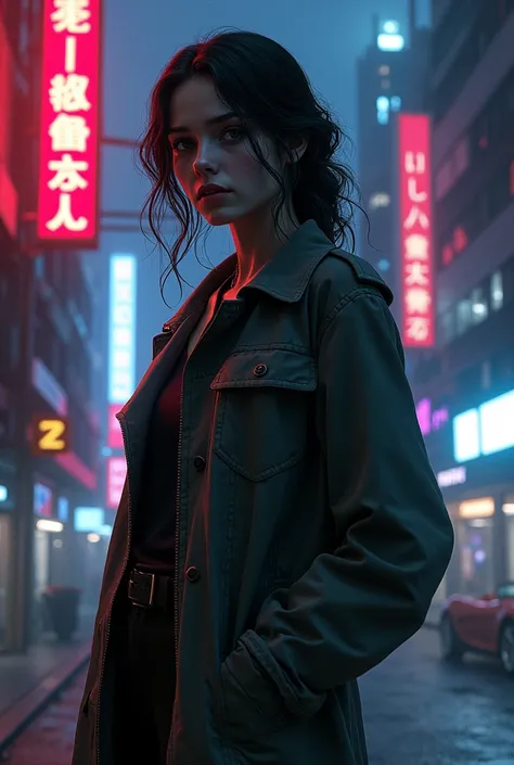 Neon Noir Detective: A gritty, hyperrealistic illustration of a young woman as a neon noir detective, with a trench coat and a futuristic cityscape behind her.