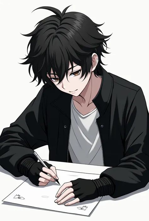 a teenage boy in anime he is literally white, he has black hair a little curly, he wears a black jacket that has gloves that do not cover his fingers, and he wears a white shirt, he is drawing , the gloves are already from the jacket 