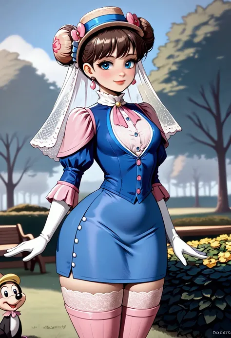 score_9, score_8_up, score_7_up, (masterpiece, UHD, 8K, 16K, ultra detailed), 1female, Humanized Minnie Mouse as a 12yo brunette girl of the 1890s flirting with a horny 69yo man, (((stylish blue 1890_dr3ss:1.5, high-collar blue shirtwaist with long puff le...