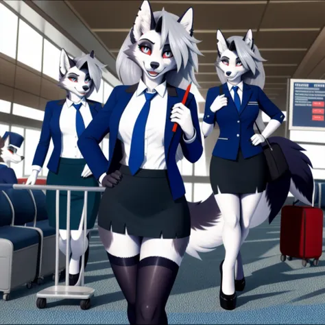 Loona Hellhound, looking at viewer, hazel eyes, extremely detailed, medium breasts, airport, flight attendant, uniform, blue blazer, blue necktie, blue skirt, medium skirt, pencil skirt, blue high heels, happy, best quality, high quality, extremely detaile...