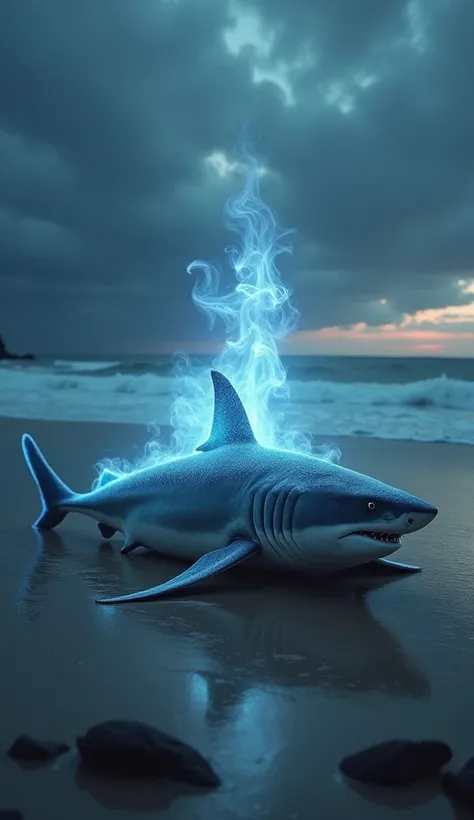  A surreal scene of a shark stranded on a beach at dawn or a sunset ,  with soft waves in the background and stormy clouds in the sky . The shark seems slaughtered ,  as its spiritual essence , represented as a bright and ethereal shark-shaped translucent ...