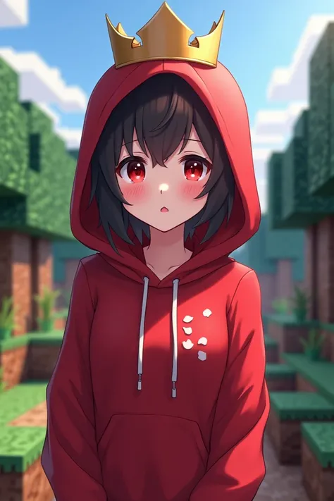 A anime wearing red hoodie and dark red eyes dark brown hair with a crown and animated Minecraft background