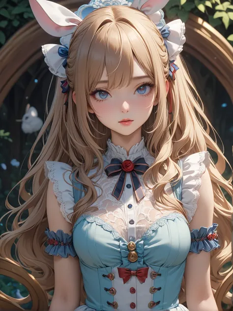 頭から腰まで映すショット 、1 girl, masterpiece, highest quality, 8k, fine skin texture, fine cloth texture, beautiful detailed face, intricate details, Super detailed, alice in wonderland,  Upper body