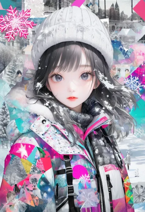 (masterpiece, best quality),(multiple exposure:1.2),
print collage depicting,teen girl,solo,she is surrounded by snow and snowflake symbols,wearing 2023 latest winter outfit,monotone with splash color, collage art, contemporary artistic collage,