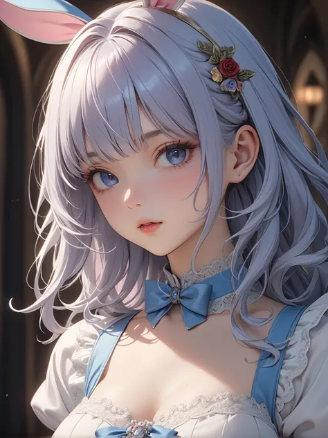 頭から膝まで映すショット、1 girl, masterpiece, highest quality, 8k, fine skin texture, fine cloth texture, beautiful detailed face, intricate details, Super detailed, alice in wonderland,  Upper body