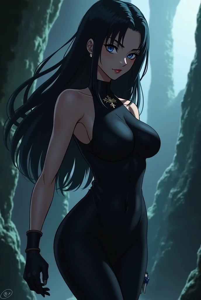 hunterxhunter girl, member of the phantom troupe, she has hourglass body, dark blue eyes, long black hair, a black tight dress