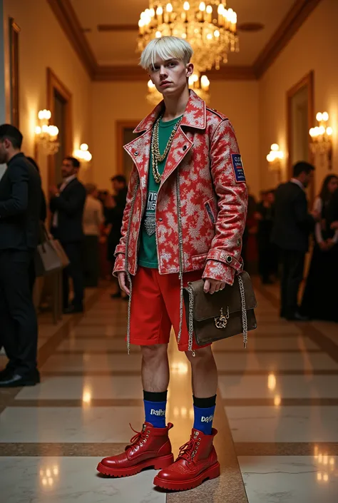 full view of a super fashionable, super stylish blonde queer guy, hyper-stylish fashion haircut and color, super stylish clothes, extremely stylish, almost ridiculous, shoes, socks, jewelry in large quantities. His shoes and socks must be seen. Hes going a...