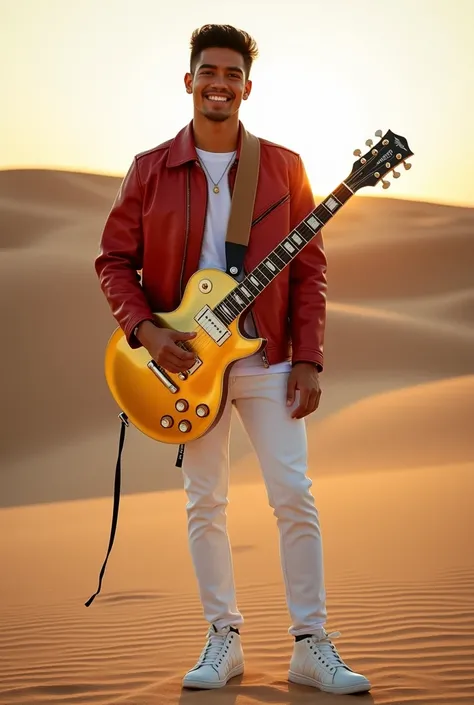 realistic photo, a handsome young man of black color hair ,  short hair side comb is seen smiling sweetly and standing in the desert using a leather jacket of red color, white jeans and white sports shoes ,  while holding a cool guitar made of gold and col...