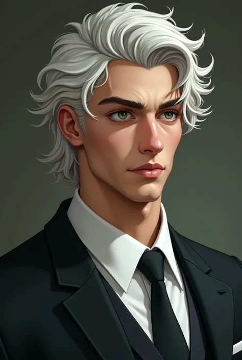 young musculine man, young adult, with medium lenght slighty curly white hair, green hunter eyes, sharp misculine features, light skin, sharp eyebrows, wearing formal wear, around 25 years old, very realistic, human alike person, high detailed, well build