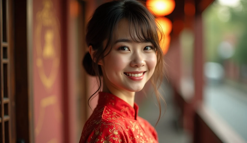 cinematic photo vietnammese woman 20 years old, 3/4 shot, with gorgeous eyes and skin, smiling, shorts hair, Tet holiday, Ao Dai red dress. 35mm photograph, film, bokeh, professional, 4k, highly detailed