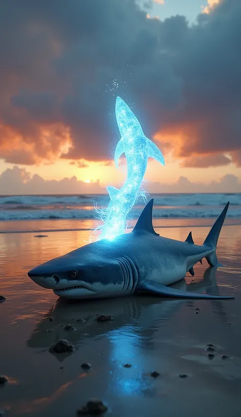  A surreal and emotional scene depicting a shark stranded on a deserted beach during sunset,  with the sky filled with dense and dramatic clouds that reflect orange tones , purples and grays .  The shark lies inert on the wet sand ,  its scales reflecting ...