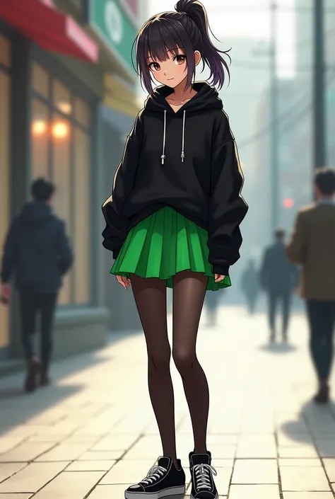 ponytail girl wear green miniskirt and black hoodie with black stocking and sneakers