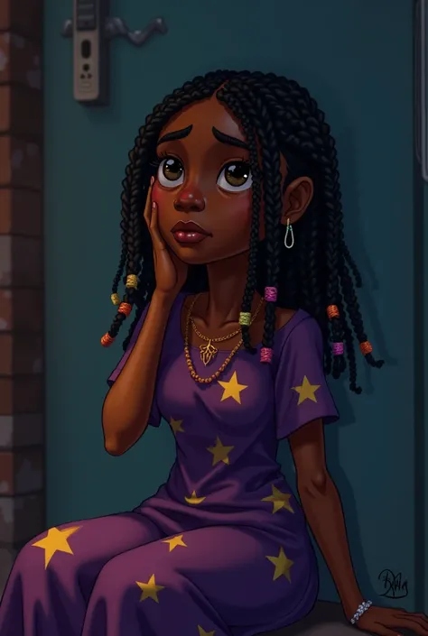 A young Ghanaian girl, Abna, sits in a dimly lit room, lost in thought with a fearful expression as she recalls Awo Dedey’s soup. Her deep brown skin glows in the low light, and her bright, curious eyes show a flicker of dread. Her neatly braided cornrows,...