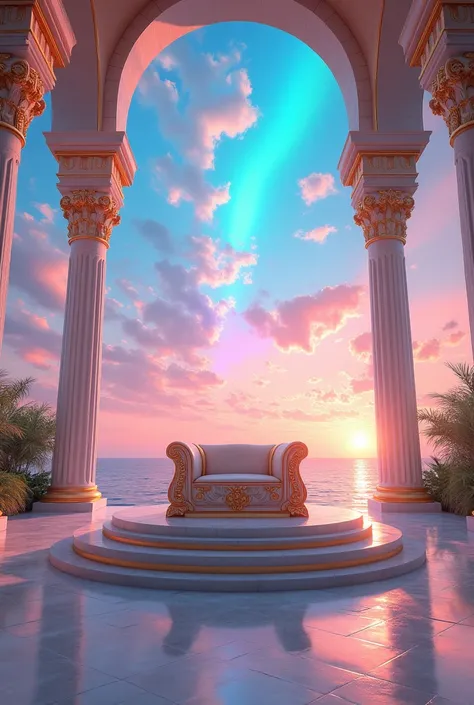 Create a beautiful palace seating pedestal picture, a colorful theme on the sky, simulated in the beach dome, the view from inside the dome looking at the sky