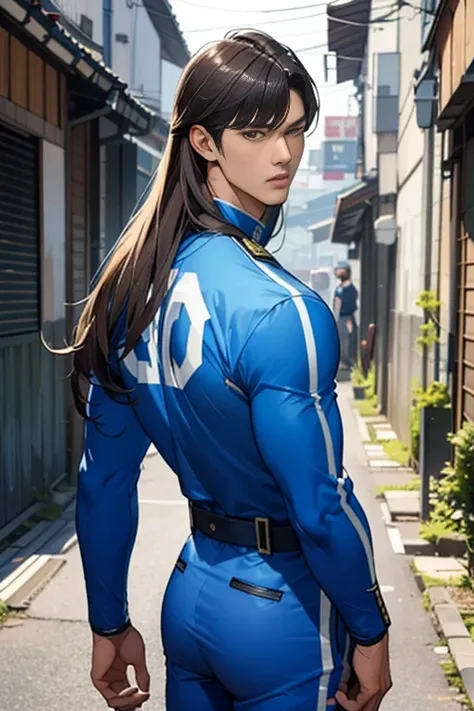 (High definition cartoon ), (  best quality ),(Overall view),Back Alley,  Japanese with a cool and handsome face,美しい若い18 years old, Prince handsome , A beautiful macho young squadron hero,  shiny squadron hero suit, 18 years old,  toned and muscular ,  coo...