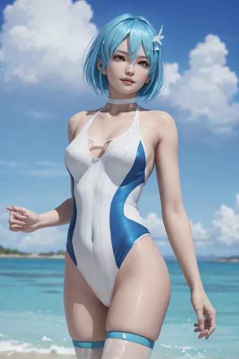 nico, sexy white and blue swimsuit with very high legline, in ocean, tranquil, masterpiece, best quality, beautiful, detailed