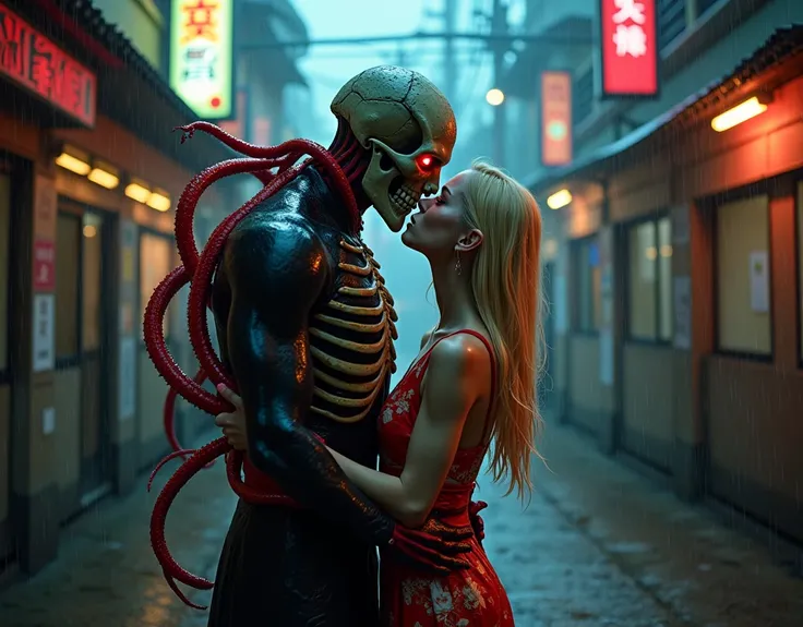 "A hyper-realistic and highly detailed scene of Skull Commander and the beautiful, sensual Japanese woman with long blonde hair sharing a passionate kiss in a dark, rain-soaked alley. Skull Commander stands tall at 2 meters, his muscular, battle-hardened p...