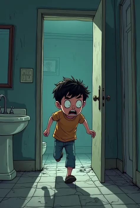 Frightened boy leaving a dirty bathroom/cartoon 