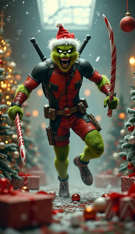 In the heart of a chaotic Christmas party gone wrong, a terrifying yet hilarious hybrid wreaks havoc among the decorations. This monstrous fusion of the Grinch and Deadpool is a bizarre sight to behold. Its green, furry body is toned and muscular, resembli...