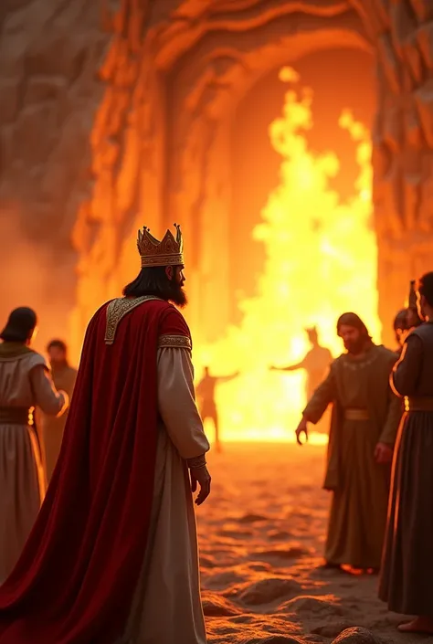 King Nebuchadnezzar’s Awe Nebuchadnezzar stands astonished, gazing into the furnace from a safe distance. His royal garments shimmer in the firelight, and his crown is slightly tilted as he leans forward in disbelief. The guards around him are stunned, shi...