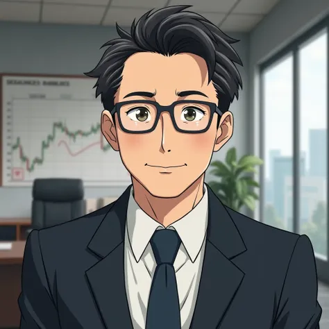 anime style
A mans man
gentle face
The face is front
black rimmed square glasses
smiling
suits
The background is a securities company
There is a FX chart