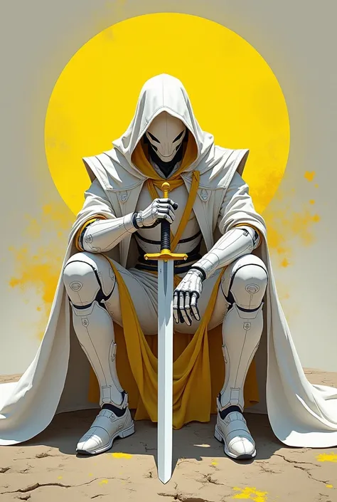 white and yellow angel samurai sitting on the ground with one sword in front of him, very beautiful cyberpunk samurai, anime cyberpunk art, anime cyberpunk, cyberpunk anime art, cyborg samurai, digital cyberpunk anime art, portrait of a cyberpunk samurai, ...