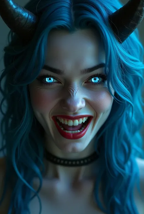 Beautifull 26 years old blue haired demon woman, scary, Devil horns, mischievous look, laughing, realistic, glowing blue eyes, evil face, portre, face focused