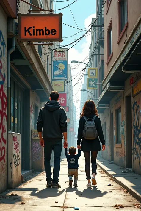 One man one women and a baby walking on the street on the sign board print as kimbe the man and woman wearing black and black with the baby the baby is walking too and the print on the signboard is black print and the walls of the bulding is full of grapit...