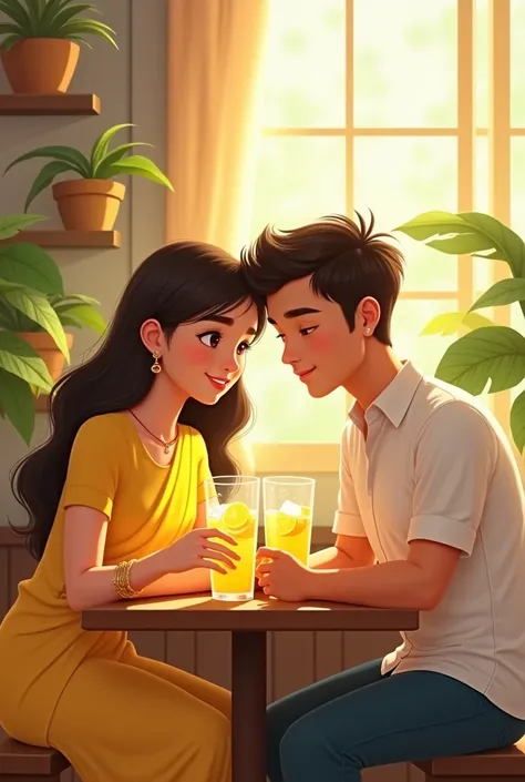 A couple is sitting on a cafe. They both are sipping lemonade. A piece of lemon and ice is visible on the glass. The girl is wearing a lemon yellow saree and the boy is wearing a white shirt. 
 indoors, soft lighting, plants in background, window with sunl...