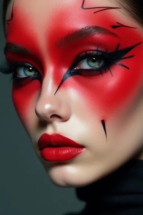 Eye makeup with bright red eyeshadow and creative black eyeliner