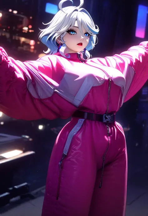 a girl wearing an oversized bright pink jumpsuit, vintage anime style, 90s aesthetic, 2000s millennium technology, vintage sci-fi, detailed earrings, (best quality,4k,8k,highres,masterpiece:1.2),ultra-detailed, HDR,UHD,studio lighting,ultra-fine painting,s...