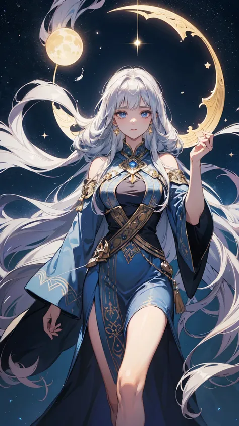 A powerful and mystical woman named Talia, embodying grace and wisdom. She has long, flowing hair with a mix of dark and silver strands, symbolizing her connection to ancient, cosmic forces. Her eyes glow faintly with a mysterious light, exuding intelligen...