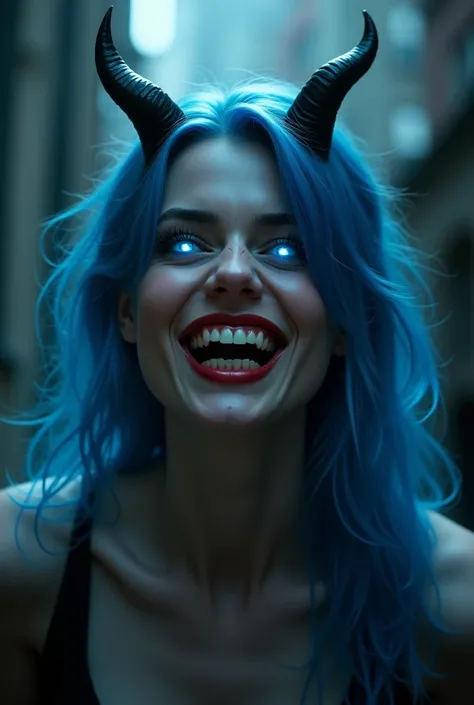 Beautifull 26 years old blue haired demon woman, scary, Devil horns, mischievous look, laughing, realistic, glowing blue eyes, evil face, portre, face focused