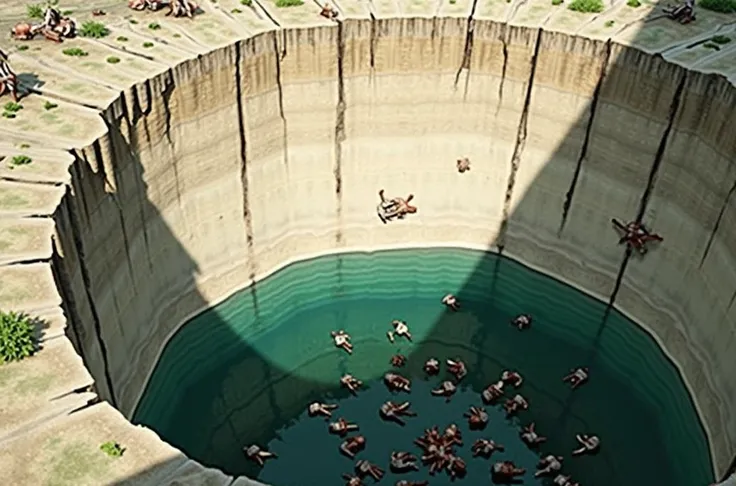 Very deep hole 50 meters deep is filled half with human s that are bloodied