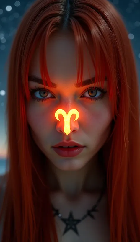 Close-up of a beautiful Aries woman with fierce eyes, long straight red hair, and the Aries symbol in glowing 3D on her nose, with a bright, radiant light shining from it, set against a starry sky.