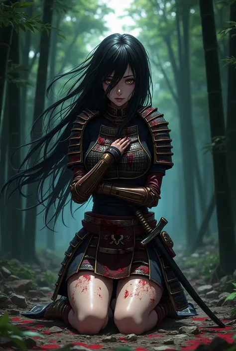  high definition , masterpiece, accurate,  MULTIPLE AWARDS ,  best quality,A Japanese anime-style character design illustration filled with tension and allure. A slim, black-haired teenage girl in a samurai armor that is cracked, heavily damaged, and blood...