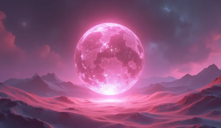 A hovering crystal sphere portrayed in a Neon Glow Mystical Desert, with glowing sand dunes and surreal mirages. Utilize radiant rose pink and silver to emphasize the magical and enigmatic nature of the desert