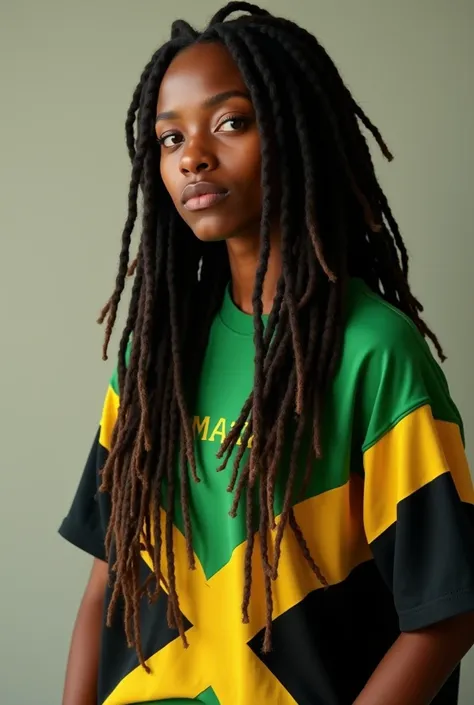 Make me a person with dreads hair,  wearing clothes the color of the Jamaican flag 
