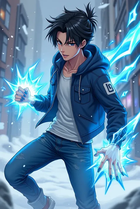 A anime style  wearing a jack with jeans using ice powers