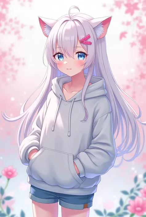 A girl with long white hair, cat ears, blue eyes, a pink hairpin, a hoodie, and short jeans

