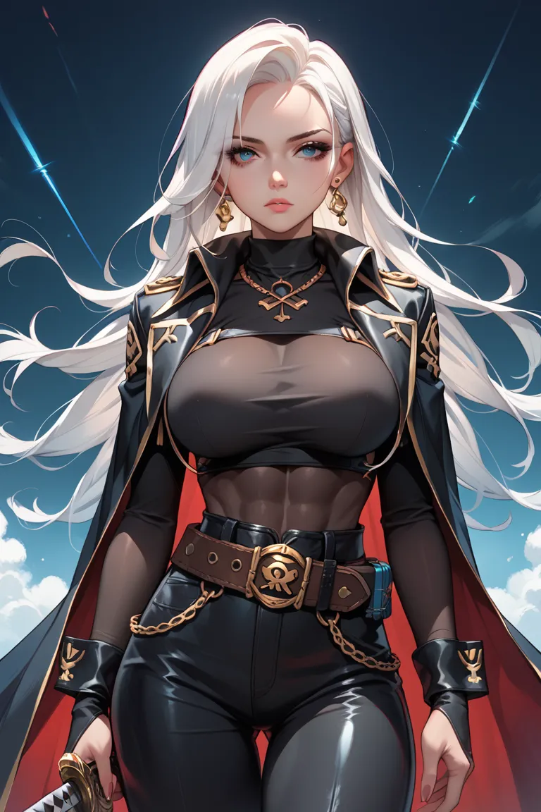 long white hair anime beautiful girl with sharp dark blue expressionless eyes, toned white hair, big breasts, with a katana wearing a revealing wide collar black shirt with a pirate cape on her shoulders and a gun Century old gun in black steel on belt