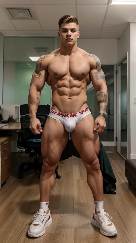 white hunk teenage man , 18 years old, young face, hunk body, military haircut, fixed green eyes, sharp features, no facial or body hair, height 1.87, weight 100kg, muscular aesthetic build , six pack , broad shoulders, wide back ,V-shaped body , male focu...