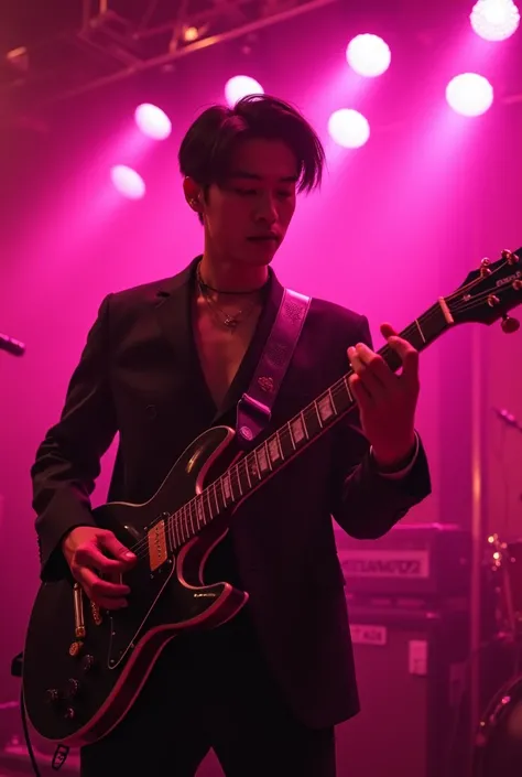 In nightclub "Cupidity", with pinkish neon lighting, on a stage, handsome young asian man guitarist with stylish black hair wearing cool outfit playing the guitar. wide-shot. 